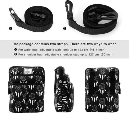 Multifunction Phone Bag One Shoulder Phone Waist Bag Diagonal Cross Bag Smart Phone Case Outdoor Bag Triple Zip Hipster Crossbody Purse for Women & Men Black-flowers