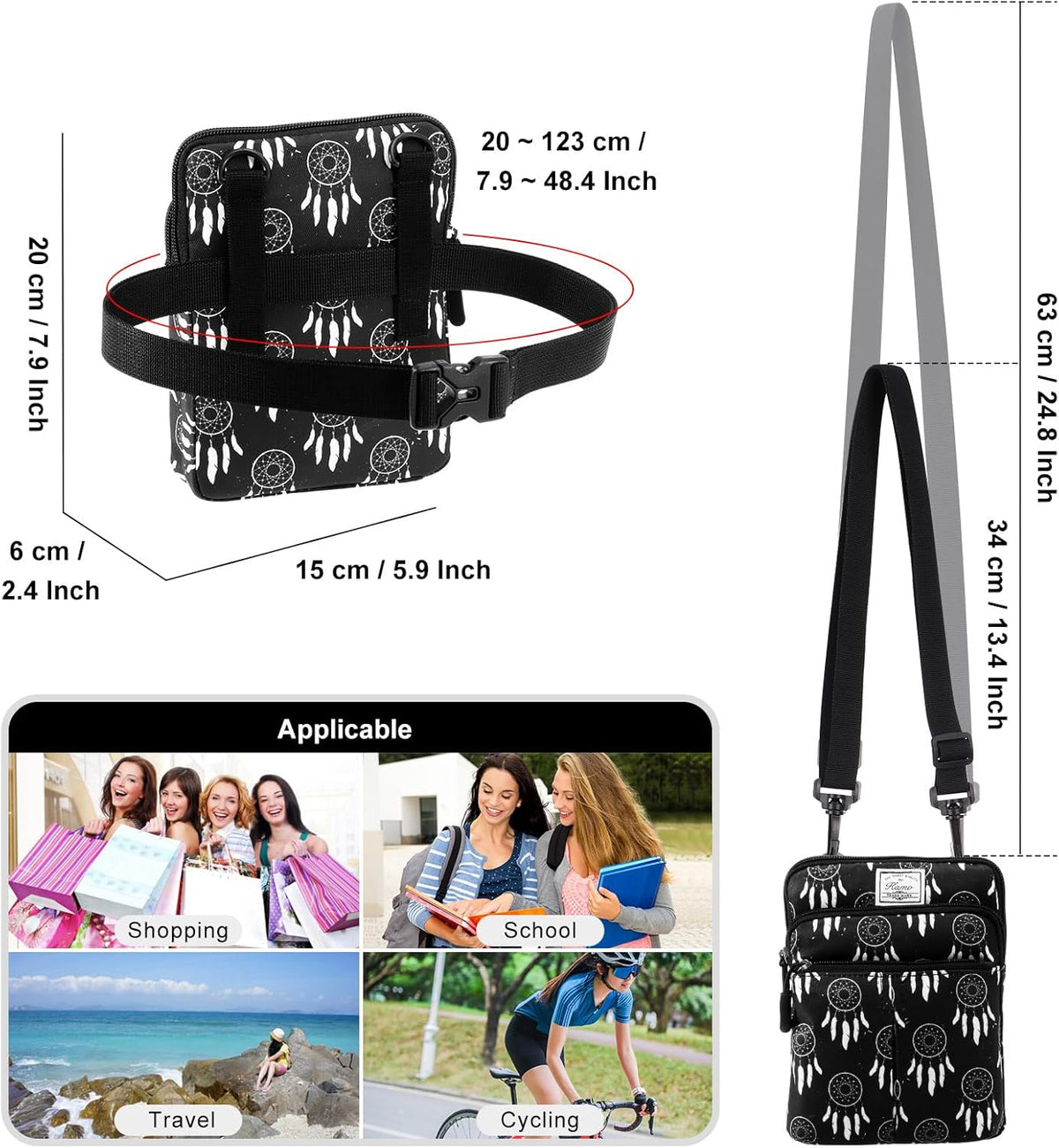 Multifunction Phone Bag One Shoulder Phone Waist Bag Diagonal Cross Bag Smart Phone Case Outdoor Bag Triple Zip Hipster Crossbody Purse for Women & Men Black-flowers