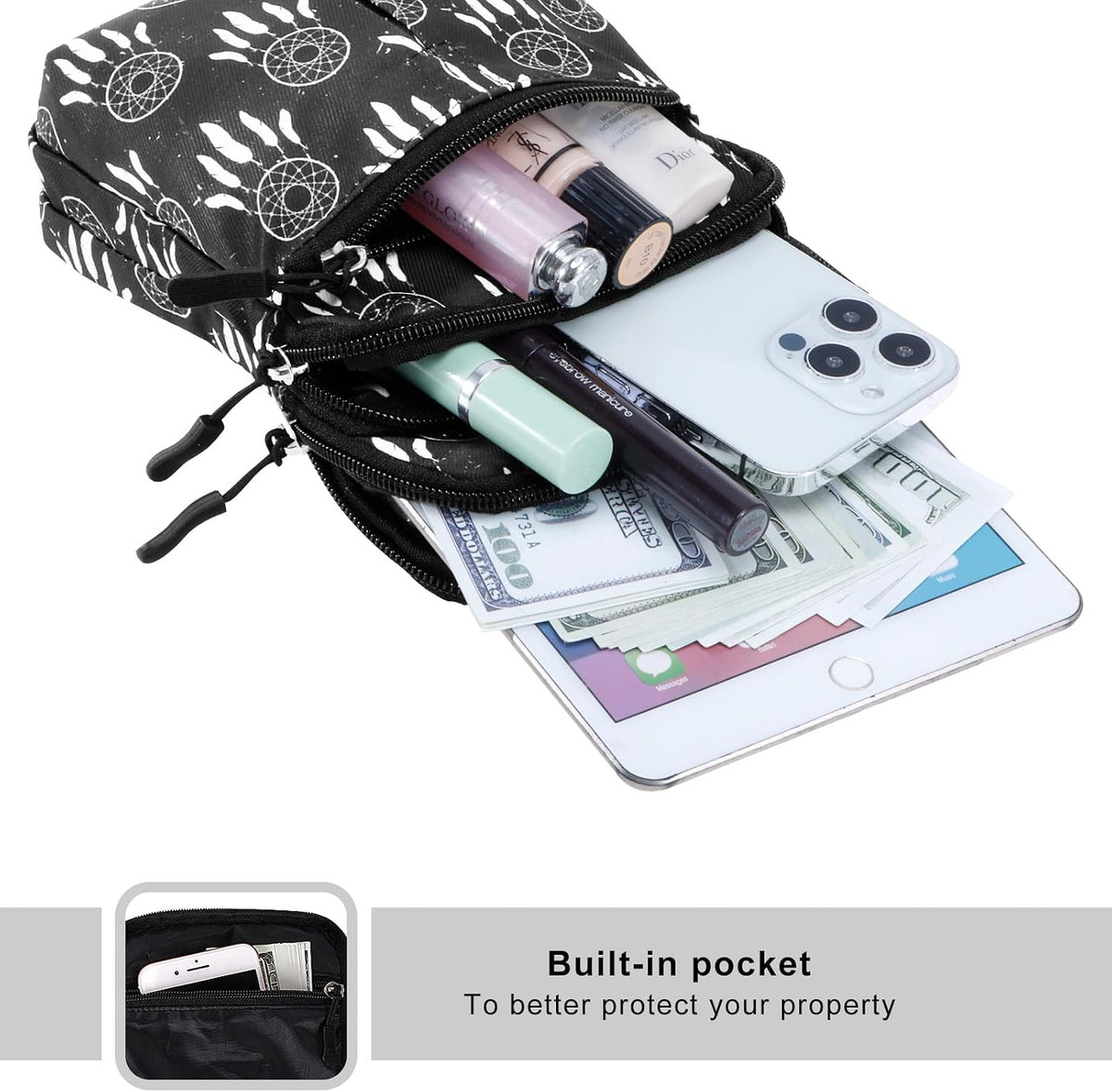 Multifunction Phone Bag One Shoulder Phone Waist Bag Diagonal Cross Bag Smart Phone Case Outdoor Bag Triple Zip Hipster Crossbody Purse for Women & Men Black-flowers