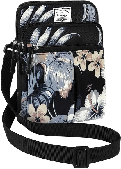 Multifunction Phone Bag One Shoulder Phone Waist Bag Diagonal Cross Bag Smart Phone Case Outdoor Bag Triple Zip Hipster Crossbody Purse for Women & Men Black-flowers