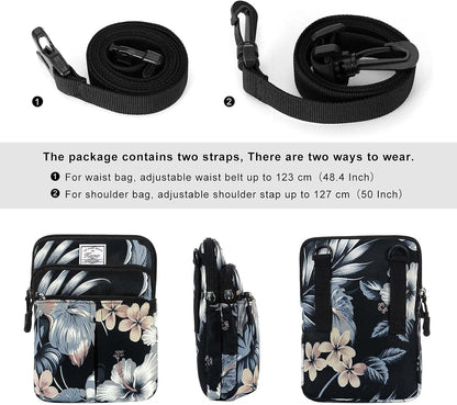 Multifunction Phone Bag One Shoulder Phone Waist Bag Diagonal Cross Bag Smart Phone Case Outdoor Bag Triple Zip Hipster Crossbody Purse for Women & Men Black-flowers