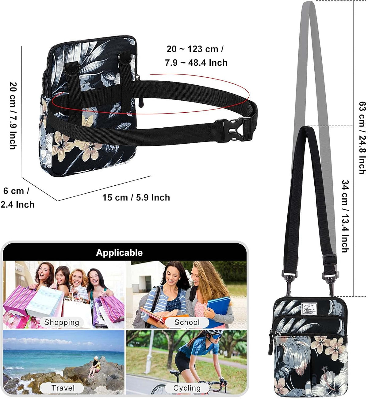Multifunction Phone Bag One Shoulder Phone Waist Bag Diagonal Cross Bag Smart Phone Case Outdoor Bag Triple Zip Hipster Crossbody Purse for Women & Men Black-flowers