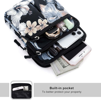 Multifunction Phone Bag One Shoulder Phone Waist Bag Diagonal Cross Bag Smart Phone Case Outdoor Bag Triple Zip Hipster Crossbody Purse for Women & Men Black-flowers