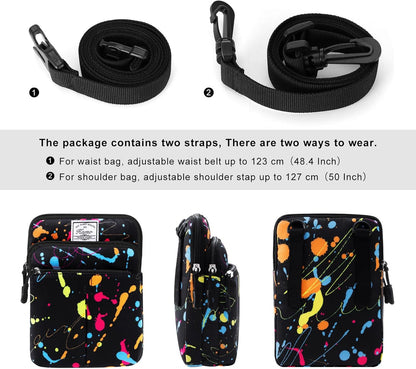 Multifunction Phone Bag One Shoulder Phone Waist Bag Diagonal Cross Bag Smart Phone Case Outdoor Bag Triple Zip Hipster Crossbody Purse for Women & Men Black-flowers