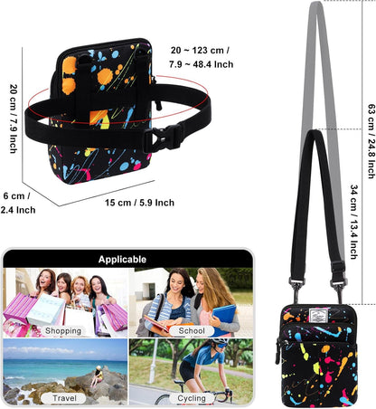 Multifunction Phone Bag One Shoulder Phone Waist Bag Diagonal Cross Bag Smart Phone Case Outdoor Bag Triple Zip Hipster Crossbody Purse for Women & Men Black-flowers