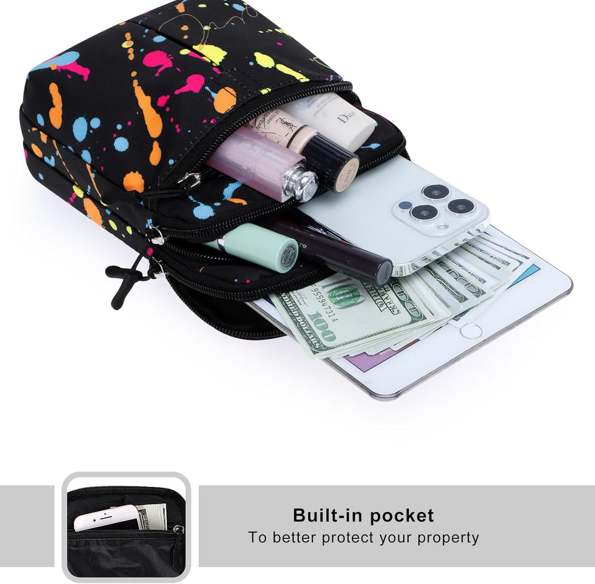 Multifunction Phone Bag One Shoulder Phone Waist Bag Diagonal Cross Bag Smart Phone Case Outdoor Bag Triple Zip Hipster Crossbody Purse for Women & Men Black-flowers