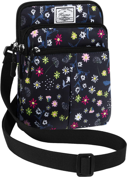 Multifunction Phone Bag One Shoulder Phone Waist Bag Diagonal Cross Bag Smart Phone Case Outdoor Bag Triple Zip Hipster Crossbody Purse for Women & Men Black-flowers