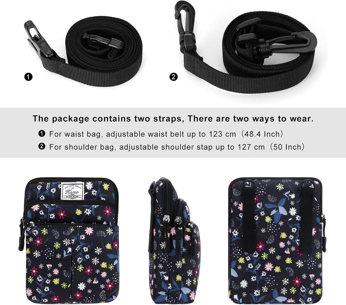 Multifunction Phone Bag One Shoulder Phone Waist Bag Diagonal Cross Bag Smart Phone Case Outdoor Bag Triple Zip Hipster Crossbody Purse for Women & Men Black-flowers