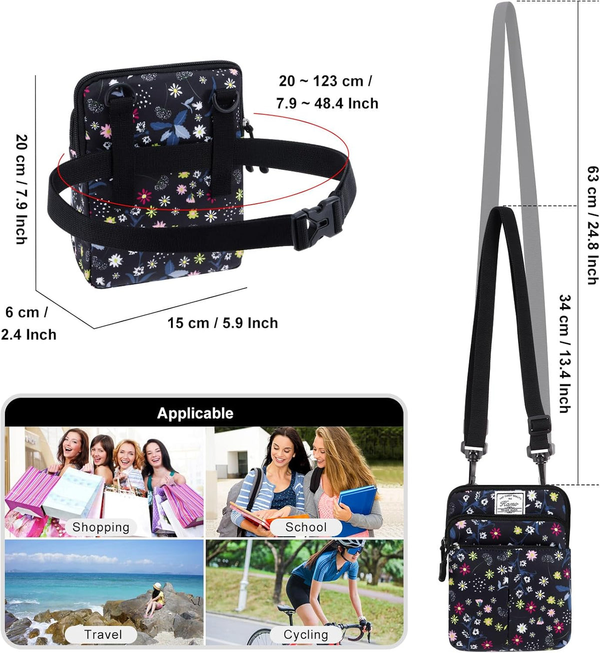 Multifunction Phone Bag One Shoulder Phone Waist Bag Diagonal Cross Bag Smart Phone Case Outdoor Bag Triple Zip Hipster Crossbody Purse for Women & Men Black-flowers