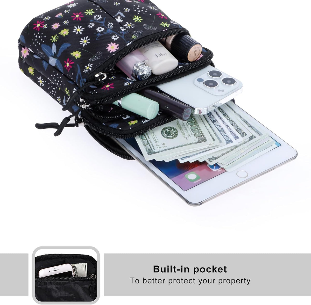 Multifunction Phone Bag One Shoulder Phone Waist Bag Diagonal Cross Bag Smart Phone Case Outdoor Bag Triple Zip Hipster Crossbody Purse for Women & Men Black-flowers