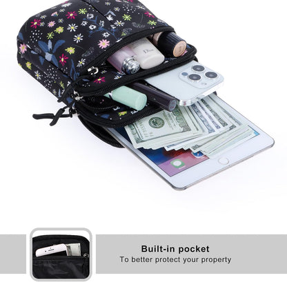 Multifunction Phone Bag One Shoulder Phone Waist Bag Diagonal Cross Bag Smart Phone Case Outdoor Bag Triple Zip Hipster Crossbody Purse for Women & Men Black-flowers