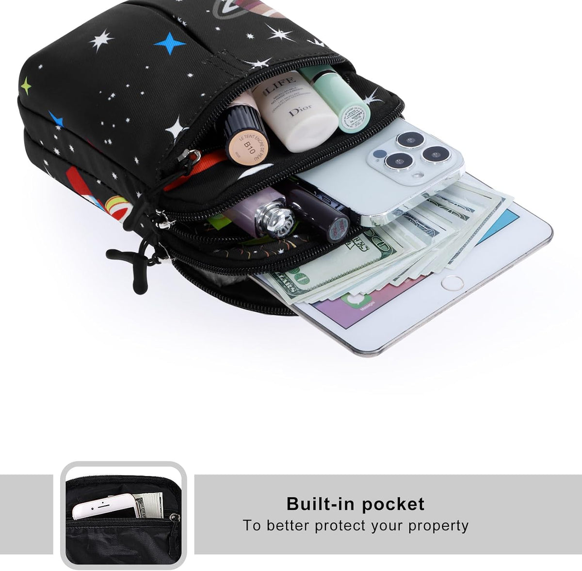 Multifunction Phone Bag One Shoulder Phone Waist Bag Diagonal Cross Bag Smart Phone Case Outdoor Bag Triple Zip Hipster Crossbody Purse for Women & Men Black-flowers