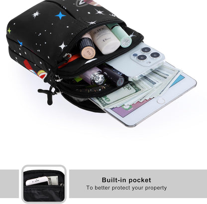 Multifunction Phone Bag One Shoulder Phone Waist Bag Diagonal Cross Bag Smart Phone Case Outdoor Bag Triple Zip Hipster Crossbody Purse for Women & Men Black-flowers