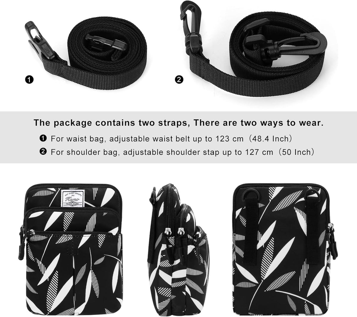 Multifunction Phone Bag One Shoulder Phone Waist Bag Diagonal Cross Bag Smart Phone Case Outdoor Bag Triple Zip Hipster Crossbody Purse for Women & Men Black-flowers