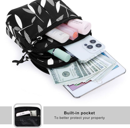 Multifunction Phone Bag One Shoulder Phone Waist Bag Diagonal Cross Bag Smart Phone Case Outdoor Bag Triple Zip Hipster Crossbody Purse for Women & Men Black-flowers