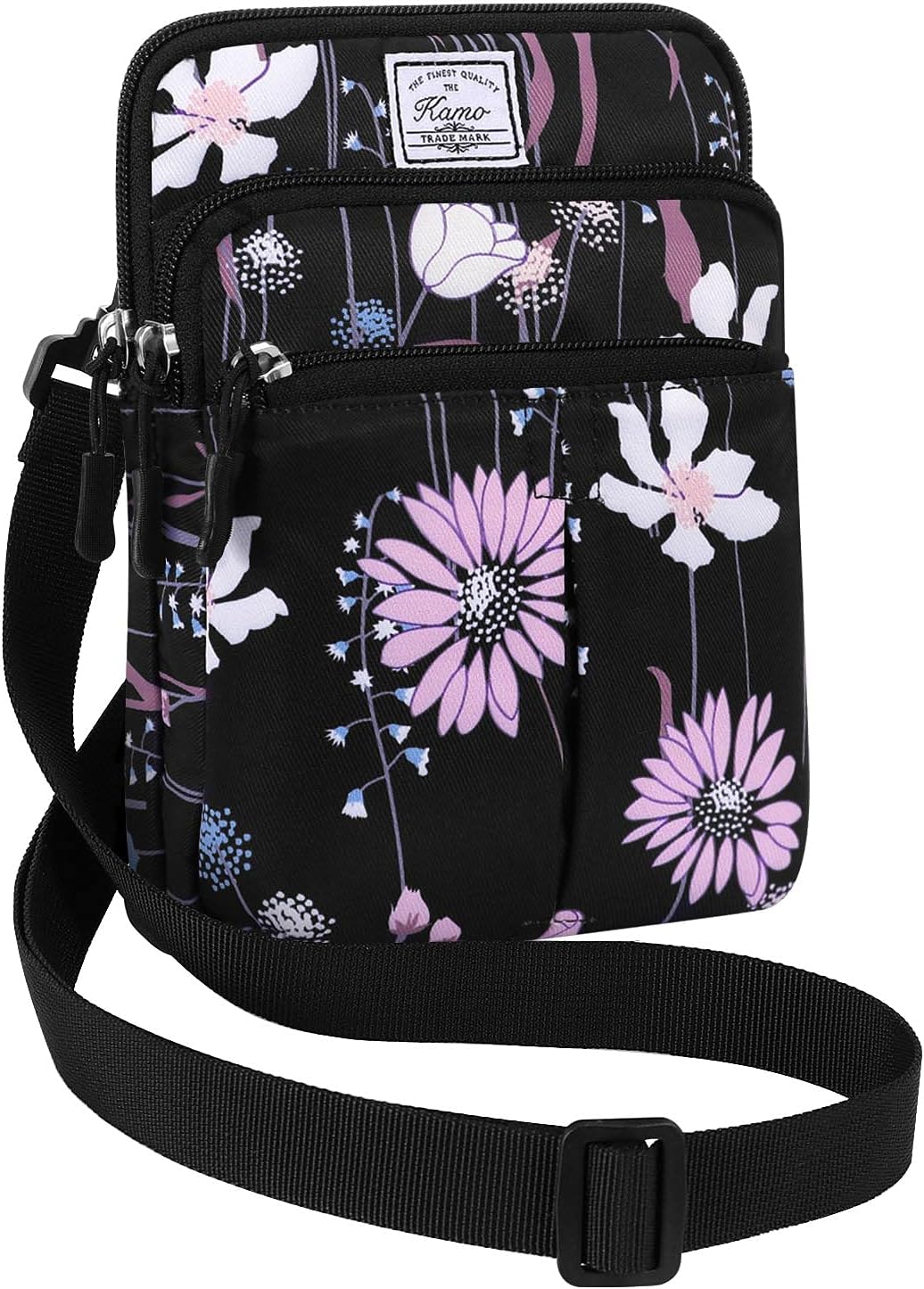 Multifunction Phone Bag One Shoulder Phone Waist Bag Diagonal Cross Bag Smart Phone Case Outdoor Bag Triple Zip Hipster Crossbody Purse for Women & Men Black-flowers
