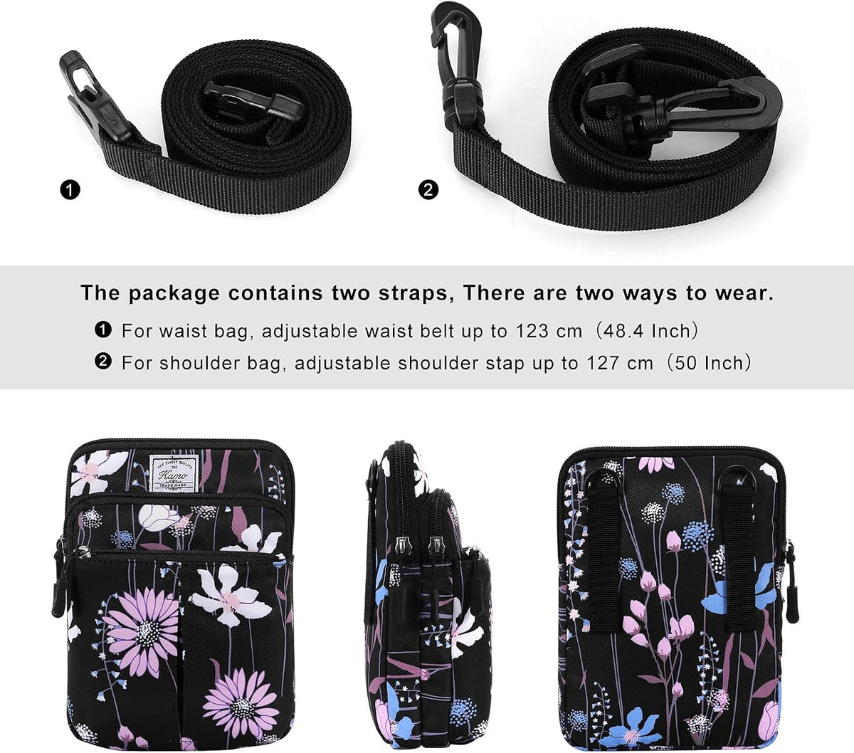 Multifunction Phone Bag One Shoulder Phone Waist Bag Diagonal Cross Bag Smart Phone Case Outdoor Bag Triple Zip Hipster Crossbody Purse for Women & Men Black-flowers