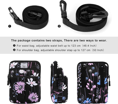 Multifunction Phone Bag One Shoulder Phone Waist Bag Diagonal Cross Bag Smart Phone Case Outdoor Bag Triple Zip Hipster Crossbody Purse for Women & Men Black-flowers