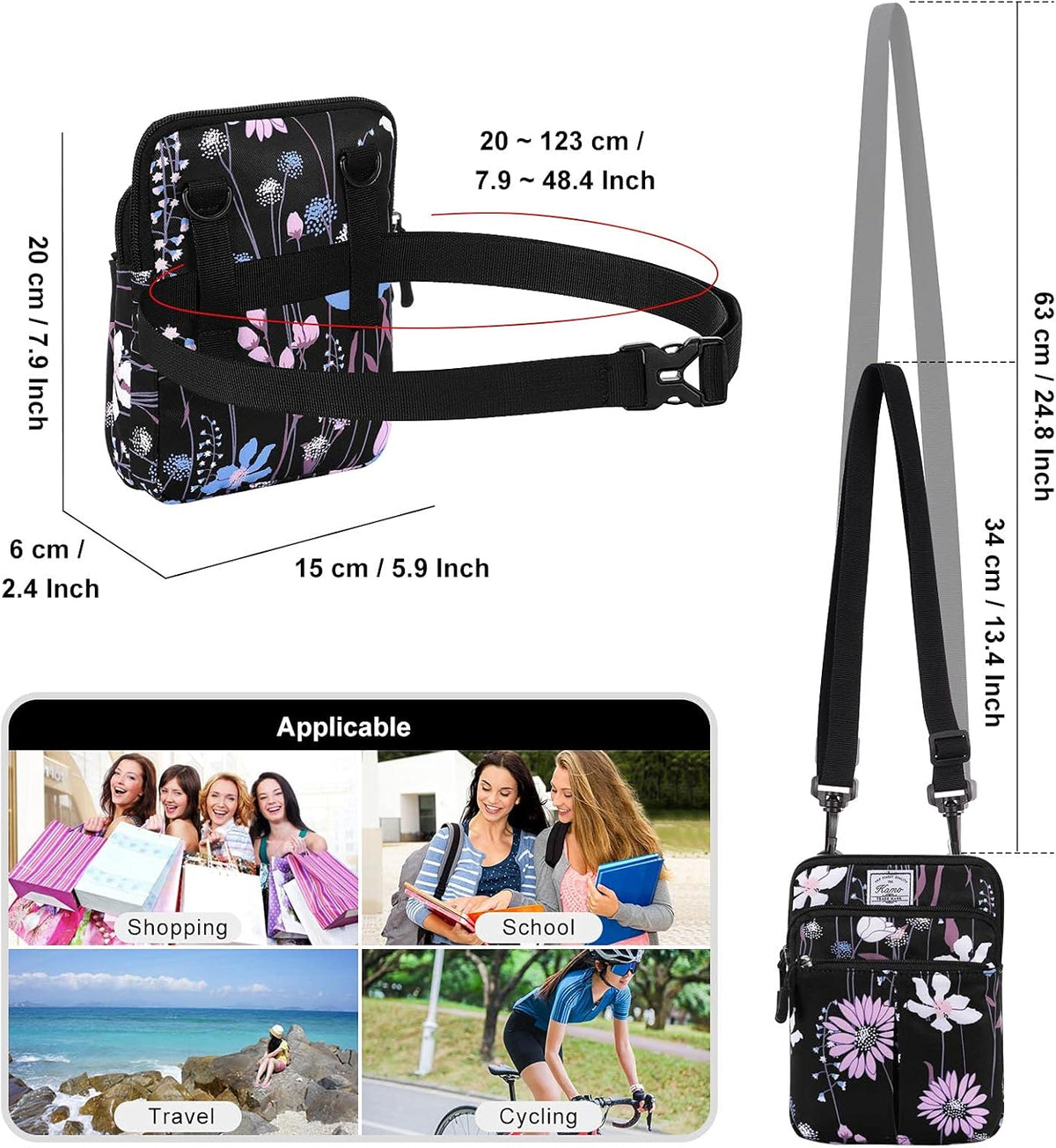 Multifunction Phone Bag One Shoulder Phone Waist Bag Diagonal Cross Bag Smart Phone Case Outdoor Bag Triple Zip Hipster Crossbody Purse for Women & Men Black-flowers