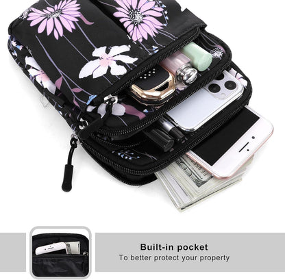 Multifunction Phone Bag One Shoulder Phone Waist Bag Diagonal Cross Bag Smart Phone Case Outdoor Bag Triple Zip Hipster Crossbody Purse for Women & Men Black-flowers