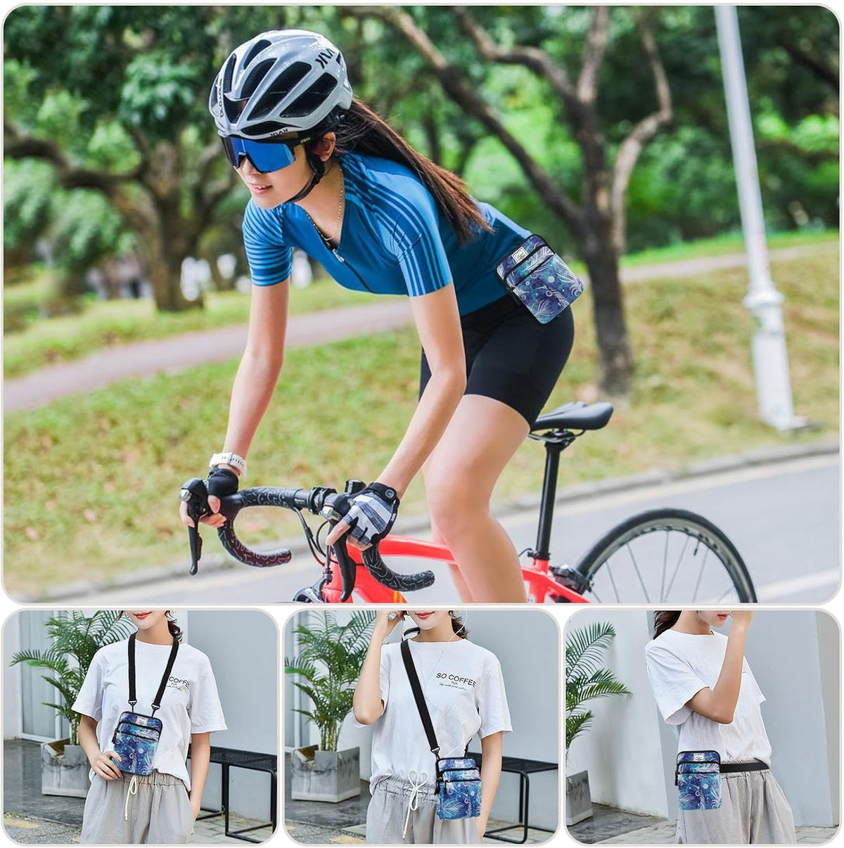Multifunction Phone Bag One Shoulder Phone Waist Bag Diagonal Cross Bag Smart Phone Case Outdoor Bag Triple Zip Hipster Crossbody Purse for Women & Men Black-flowers