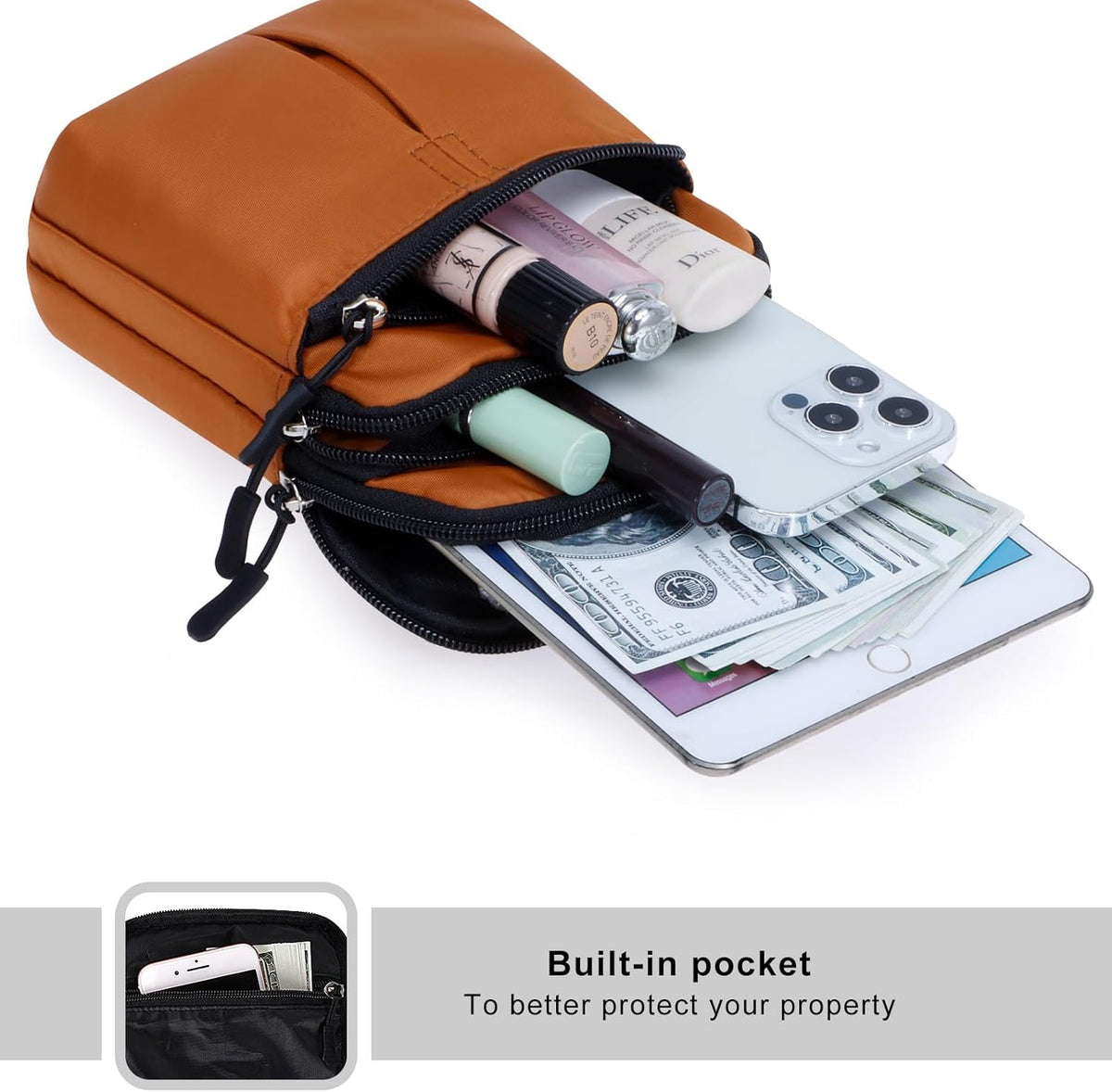 Multifunction Phone Bag One Shoulder Phone Waist Bag Diagonal Cross Bag Smart Phone Case Outdoor Bag Triple Zip Hipster Crossbody Purse for Women & Men Black-flowers