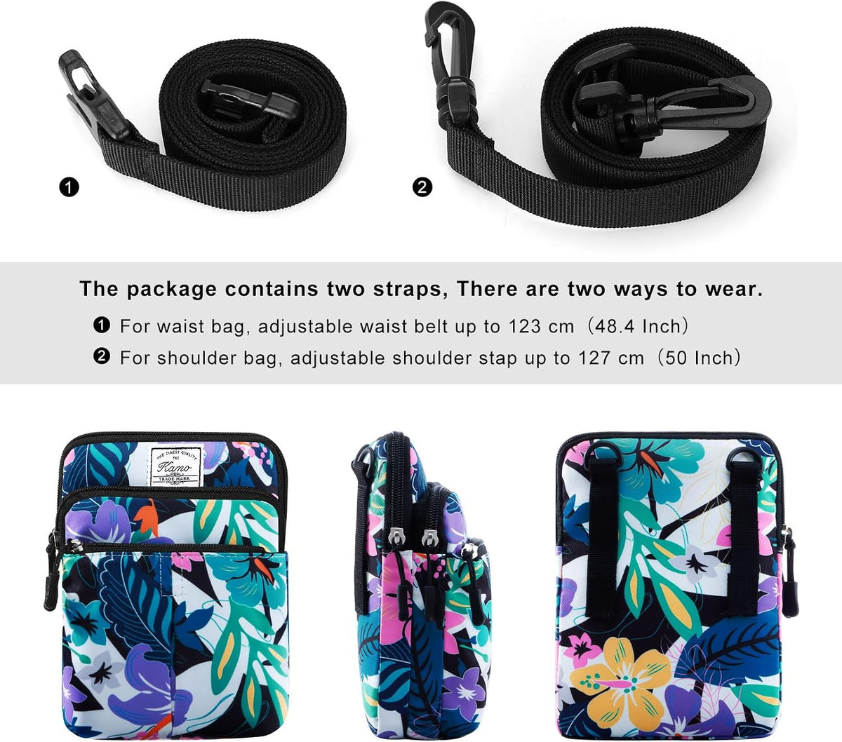 Multifunction Phone Bag One Shoulder Phone Waist Bag Diagonal Cross Bag Smart Phone Case Outdoor Bag Triple Zip Hipster Crossbody Purse for Women & Men Black-flowers
