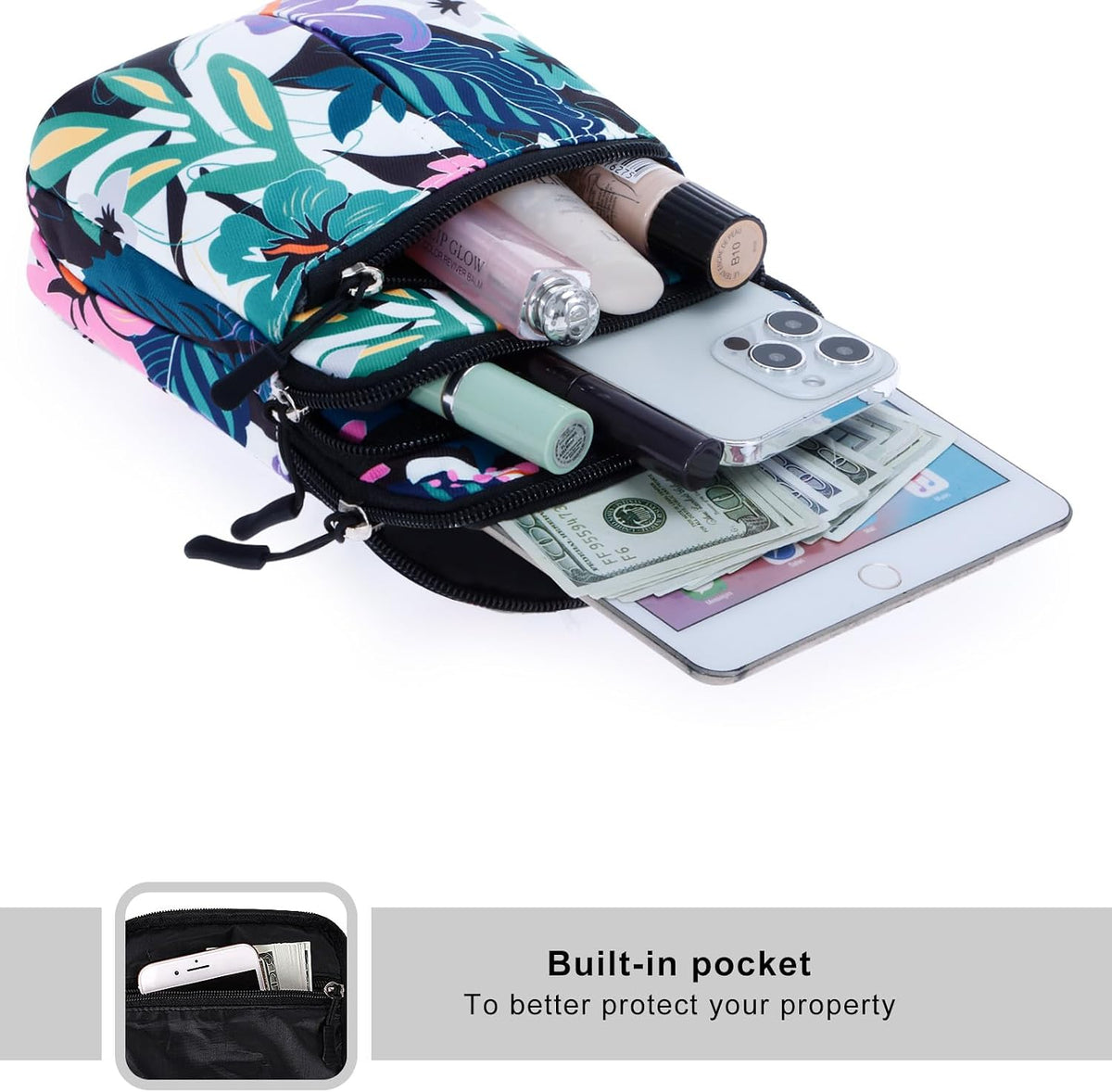 Multifunction Phone Bag One Shoulder Phone Waist Bag Diagonal Cross Bag Smart Phone Case Outdoor Bag Triple Zip Hipster Crossbody Purse for Women & Men Black-flowers