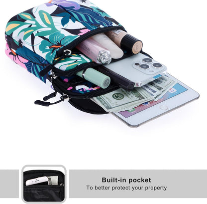 Multifunction Phone Bag One Shoulder Phone Waist Bag Diagonal Cross Bag Smart Phone Case Outdoor Bag Triple Zip Hipster Crossbody Purse for Women & Men Black-flowers