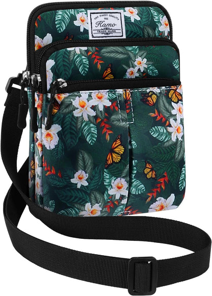 Multifunction Phone Bag One Shoulder Phone Waist Bag Diagonal Cross Bag Smart Phone Case Outdoor Bag Triple Zip Hipster Crossbody Purse for Women & Men Black-flowers