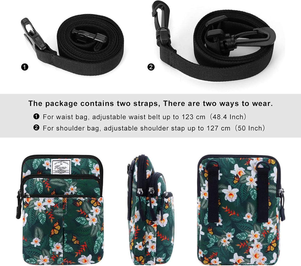 Multifunction Phone Bag One Shoulder Phone Waist Bag Diagonal Cross Bag Smart Phone Case Outdoor Bag Triple Zip Hipster Crossbody Purse for Women & Men Black-flowers