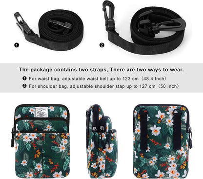 Multifunction Phone Bag One Shoulder Phone Waist Bag Diagonal Cross Bag Smart Phone Case Outdoor Bag Triple Zip Hipster Crossbody Purse for Women & Men Black-flowers