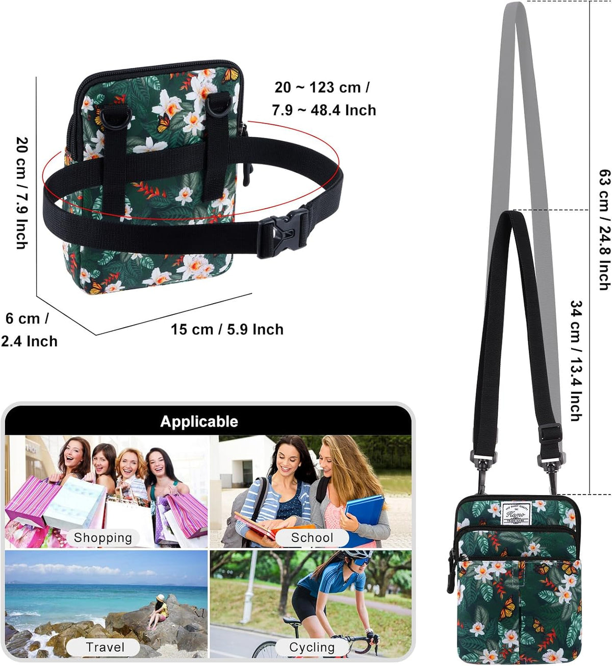 Multifunction Phone Bag One Shoulder Phone Waist Bag Diagonal Cross Bag Smart Phone Case Outdoor Bag Triple Zip Hipster Crossbody Purse for Women & Men Black-flowers