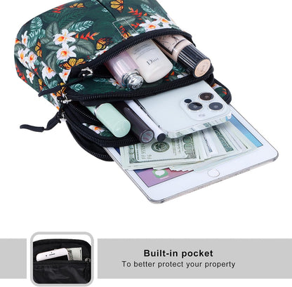 Multifunction Phone Bag One Shoulder Phone Waist Bag Diagonal Cross Bag Smart Phone Case Outdoor Bag Triple Zip Hipster Crossbody Purse for Women & Men Black-flowers