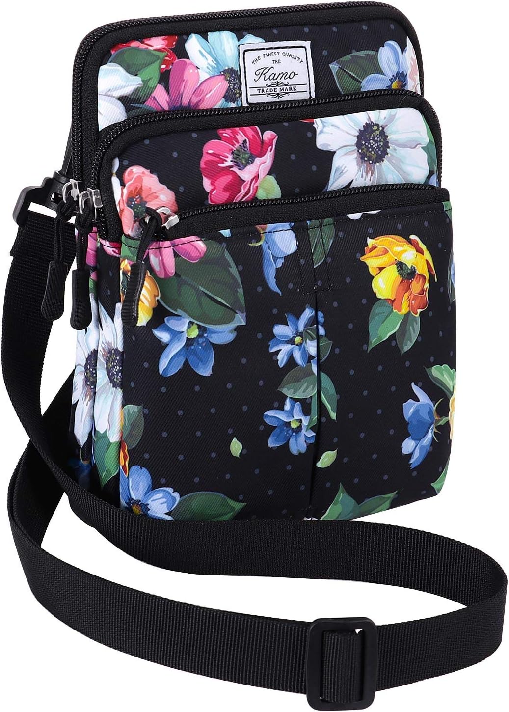 Multifunction Phone Bag One Shoulder Phone Waist Bag Diagonal Cross Bag Smart Phone Case Outdoor Bag Triple Zip Hipster Crossbody Purse for Women & Men Black-flowers