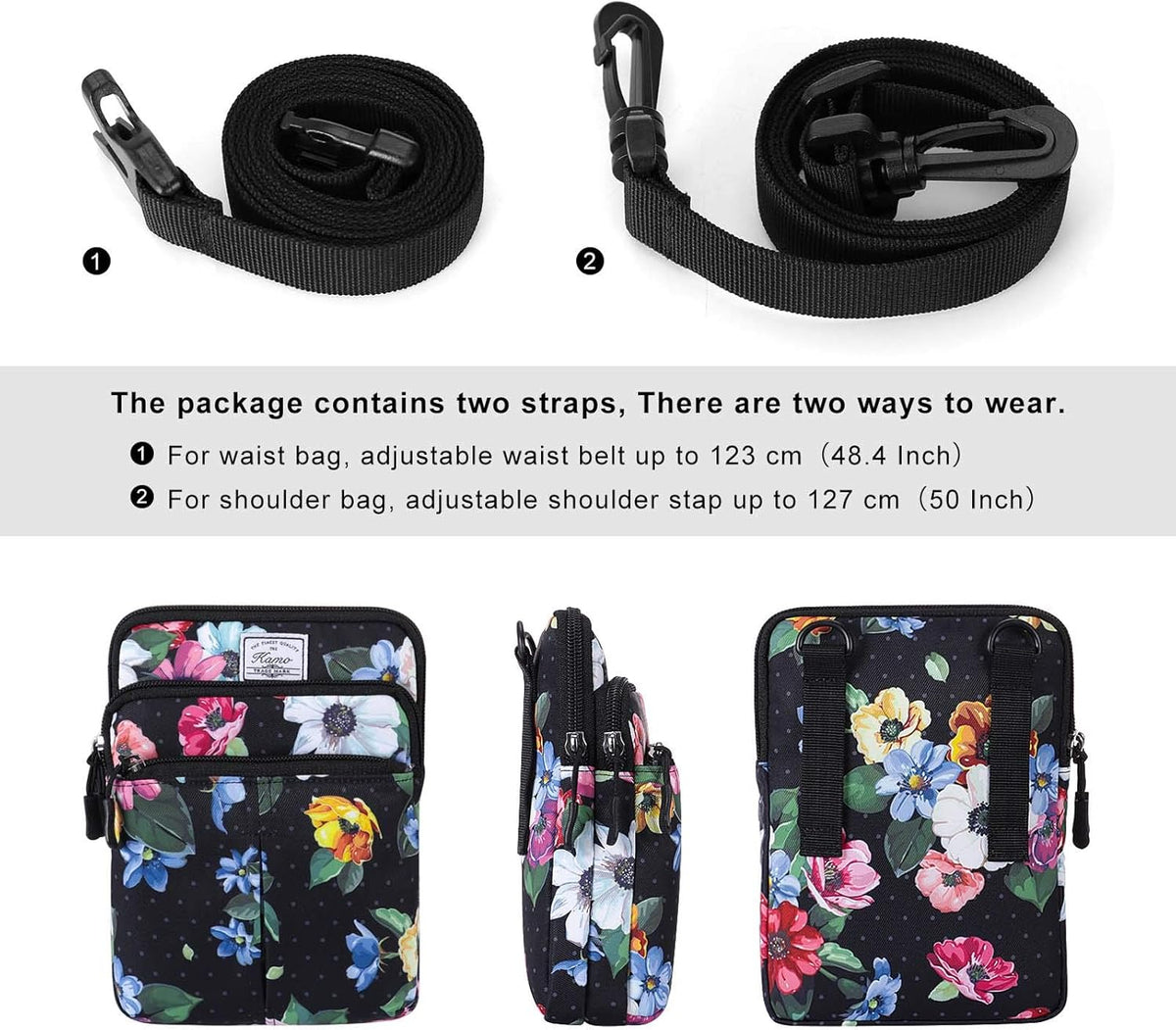 Multifunction Phone Bag One Shoulder Phone Waist Bag Diagonal Cross Bag Smart Phone Case Outdoor Bag Triple Zip Hipster Crossbody Purse for Women & Men Black-flowers