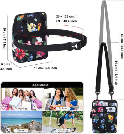 Multifunction Phone Bag One Shoulder Phone Waist Bag Diagonal Cross Bag Smart Phone Case Outdoor Bag Triple Zip Hipster Crossbody Purse for Women & Men Black-flowers