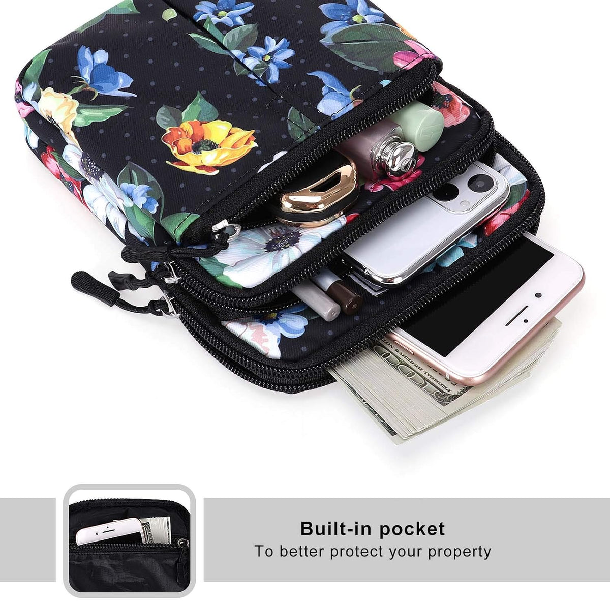 Multifunction Phone Bag One Shoulder Phone Waist Bag Diagonal Cross Bag Smart Phone Case Outdoor Bag Triple Zip Hipster Crossbody Purse for Women & Men Black-flowers