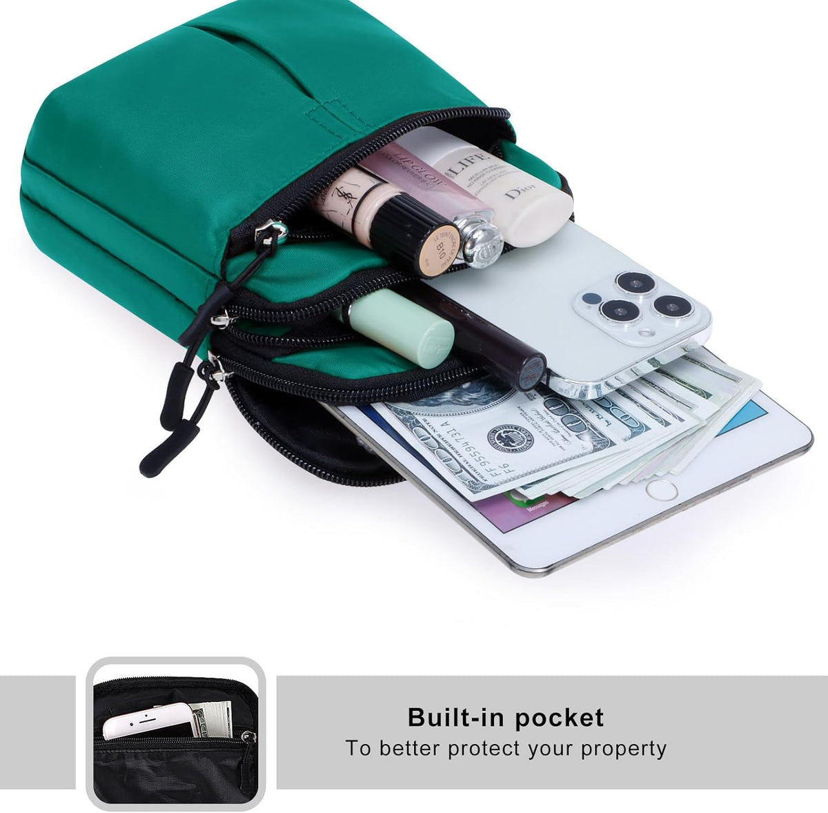 Multifunction Phone Bag One Shoulder Phone Waist Bag Diagonal Cross Bag Smart Phone Case Outdoor Bag Triple Zip Hipster Crossbody Purse for Women & Men Black-flowers