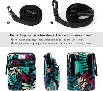 Multifunction Phone Bag One Shoulder Phone Waist Bag Diagonal Cross Bag Smart Phone Case Outdoor Bag Triple Zip Hipster Crossbody Purse for Women & Men Black-flowers