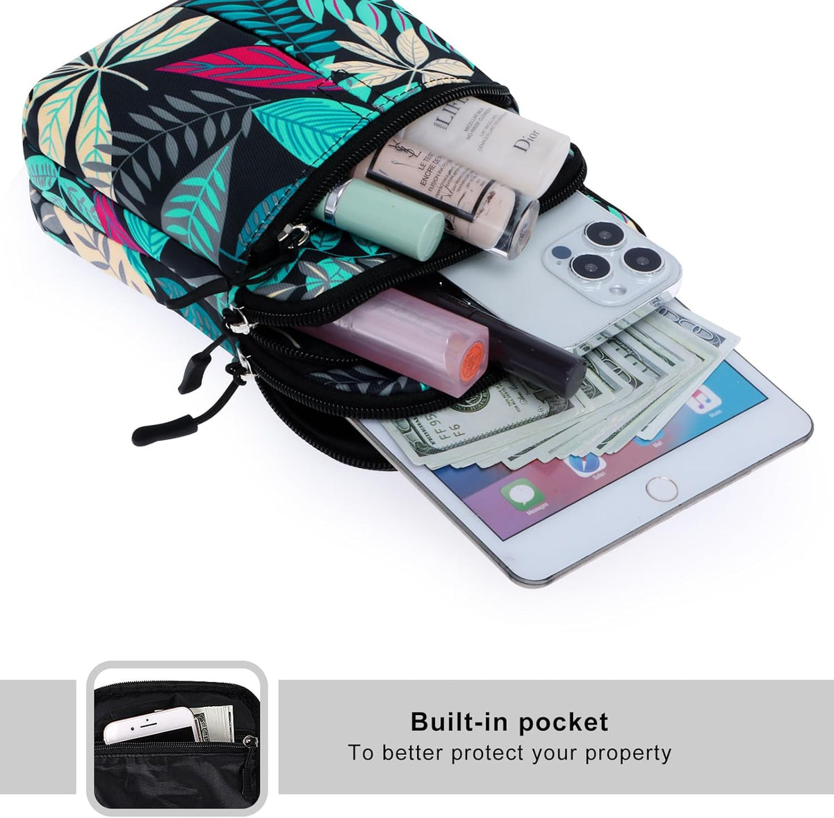 Multifunction Phone Bag One Shoulder Phone Waist Bag Diagonal Cross Bag Smart Phone Case Outdoor Bag Triple Zip Hipster Crossbody Purse for Women & Men Black-flowers
