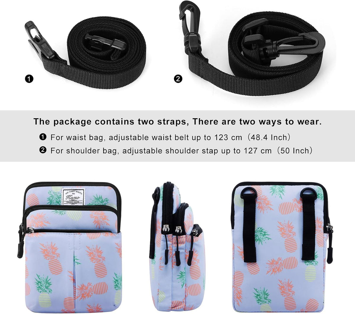 Multifunction Phone Bag One Shoulder Phone Waist Bag Diagonal Cross Bag Smart Phone Case Outdoor Bag Triple Zip Hipster Crossbody Purse for Women & Men Black-flowers