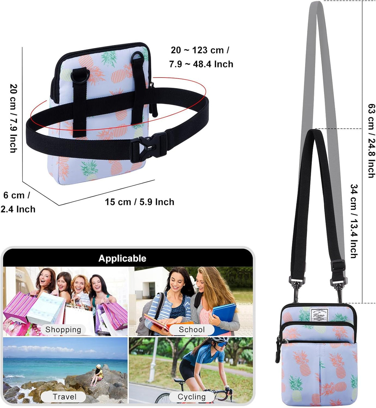 Multifunction Phone Bag One Shoulder Phone Waist Bag Diagonal Cross Bag Smart Phone Case Outdoor Bag Triple Zip Hipster Crossbody Purse for Women & Men Black-flowers