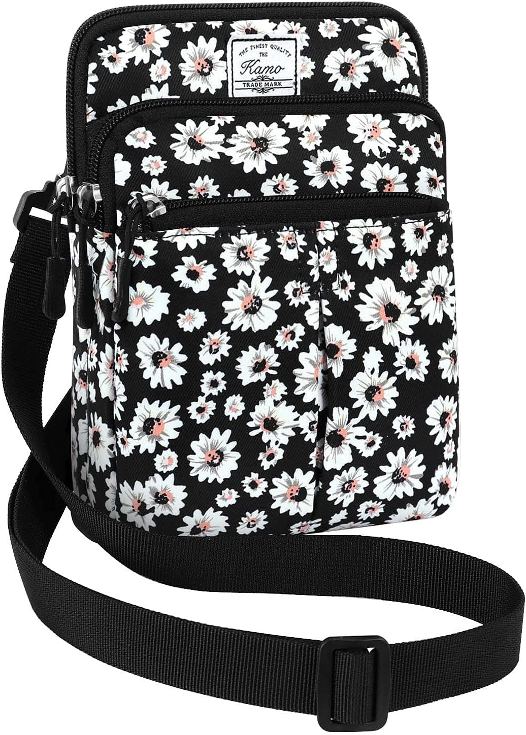 Multifunction Phone Bag One Shoulder Phone Waist Bag Diagonal Cross Bag Smart Phone Case Outdoor Bag Triple Zip Hipster Crossbody Purse for Women & Men Black-flowers