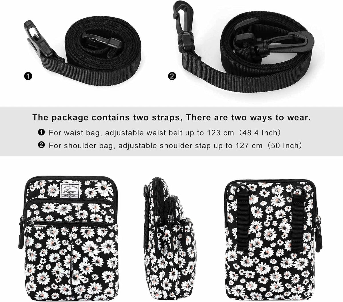 Multifunction Phone Bag One Shoulder Phone Waist Bag Diagonal Cross Bag Smart Phone Case Outdoor Bag Triple Zip Hipster Crossbody Purse for Women & Men Black-flowers