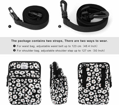 Multifunction Phone Bag One Shoulder Phone Waist Bag Diagonal Cross Bag Smart Phone Case Outdoor Bag Triple Zip Hipster Crossbody Purse for Women & Men Black-flowers