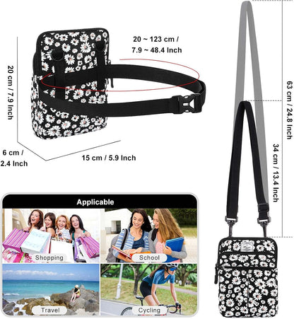 Multifunction Phone Bag One Shoulder Phone Waist Bag Diagonal Cross Bag Smart Phone Case Outdoor Bag Triple Zip Hipster Crossbody Purse for Women & Men Black-flowers