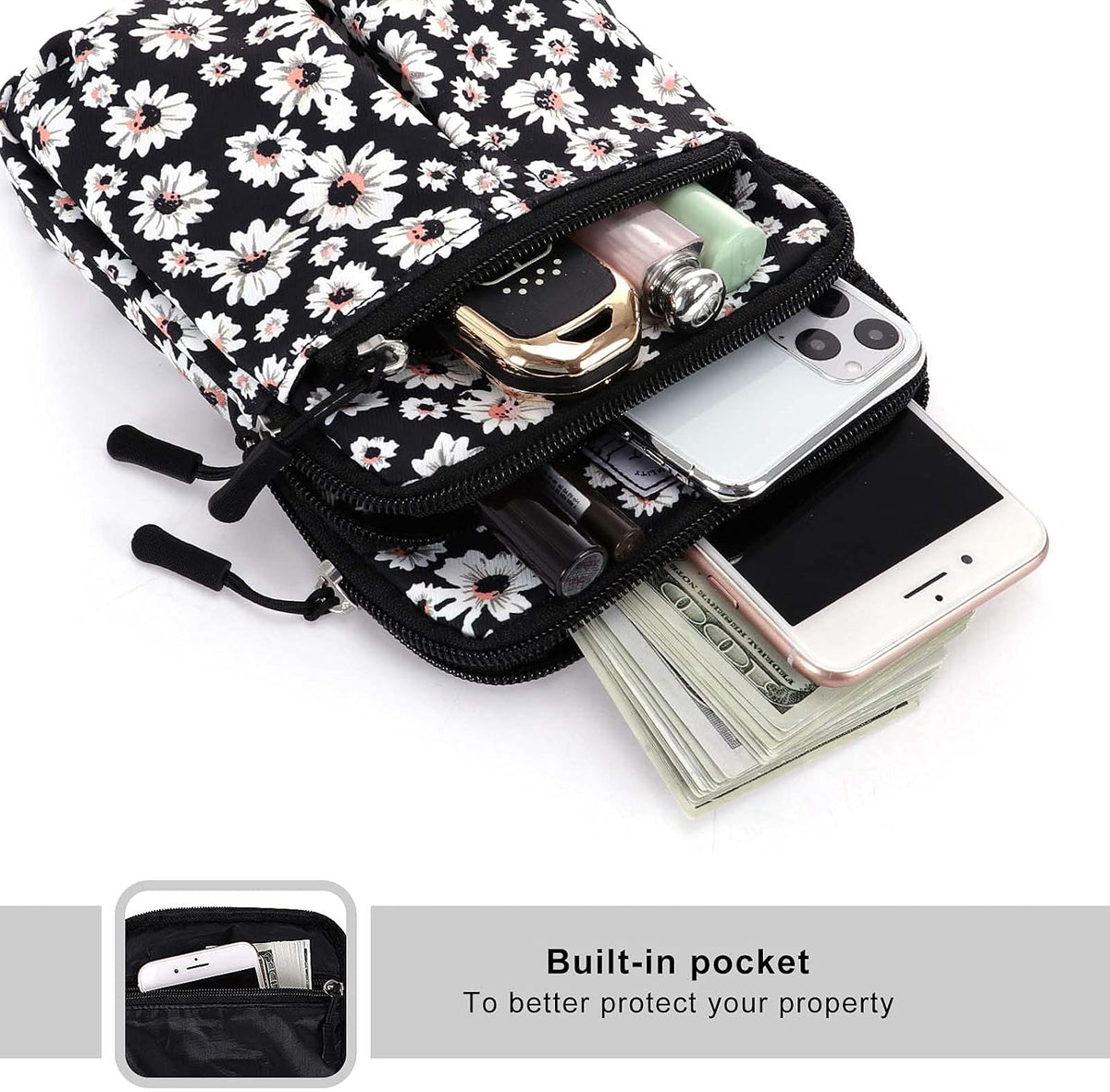 Multifunction Phone Bag One Shoulder Phone Waist Bag Diagonal Cross Bag Smart Phone Case Outdoor Bag Triple Zip Hipster Crossbody Purse for Women & Men Black-flowers