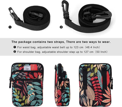 Multifunction Phone Bag One Shoulder Phone Waist Bag Diagonal Cross Bag Smart Phone Case Outdoor Bag Triple Zip Hipster Crossbody Purse for Women & Men Black-flowers