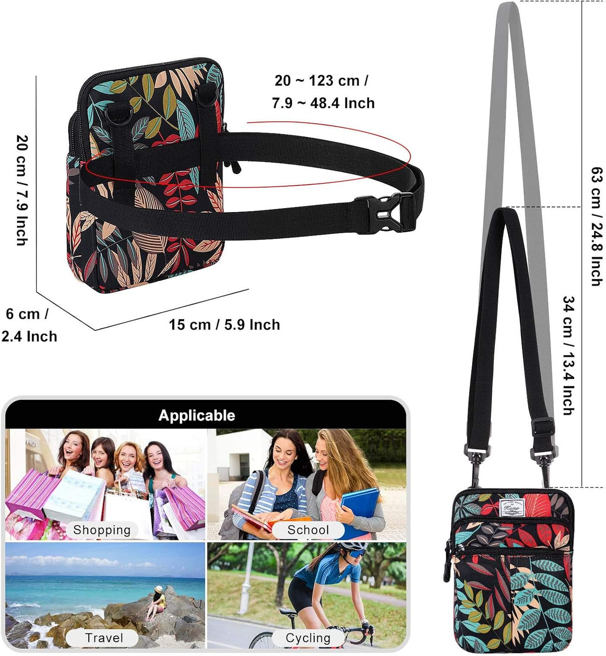 Multifunction Phone Bag One Shoulder Phone Waist Bag Diagonal Cross Bag Smart Phone Case Outdoor Bag Triple Zip Hipster Crossbody Purse for Women & Men Black-flowers